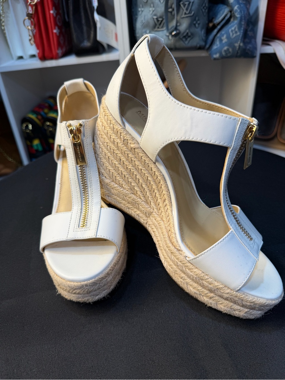 Michael Kors White Leather Espadrille Zip Wedge Sandals **Like New**